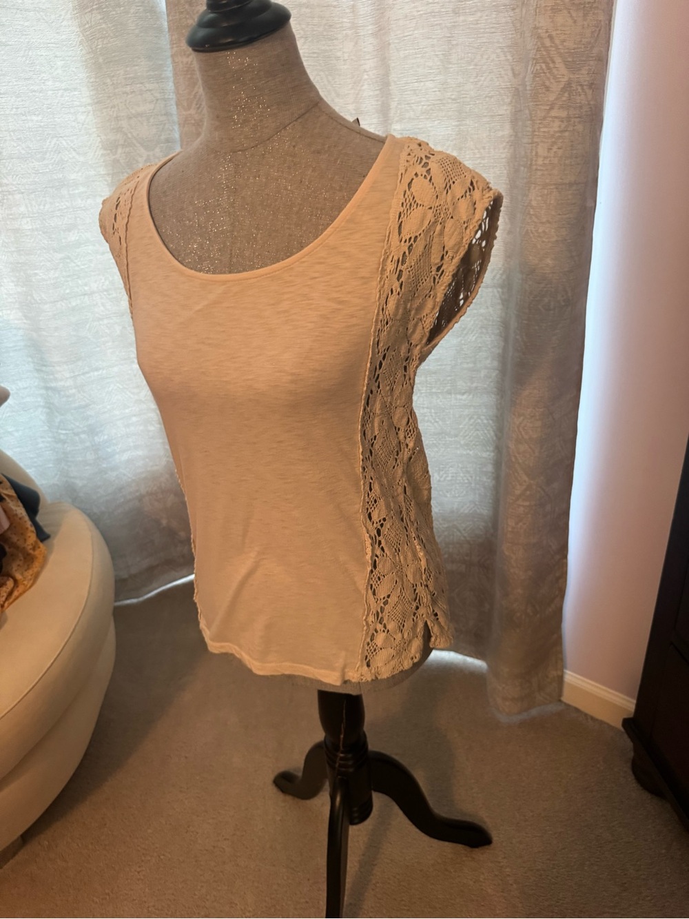 Lucky Brand Beige Crochet-Side Tank Top